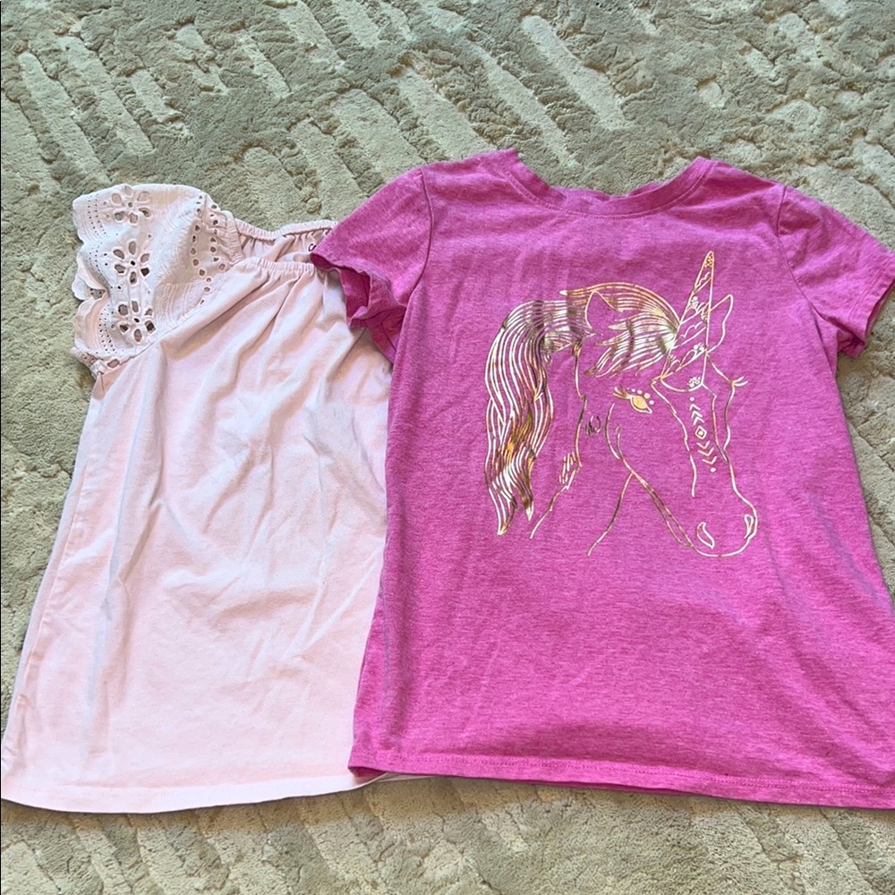 Cat & Jack Pink Eyelet Puff Sleeve Top and pink with gold unicorn tshirt M 7/8
